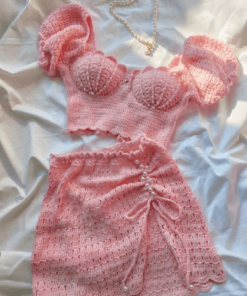 bikini len handmade màu hồng