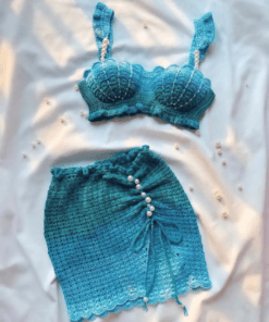 bikini len handmade màu xanh biển