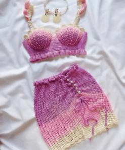 bikini len handmade màu tím hồng