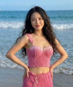 bikini len handmade màu hồng