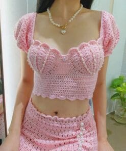 bikini len handmade màu hồng