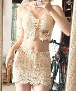 Set áo yếm và chân váy len móc